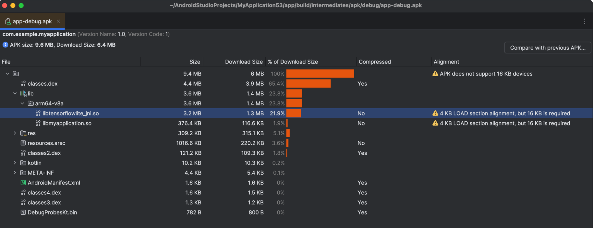 Google’s APK Analyzer example showing native .so libraries and warnings that their 4 KB alignment does not support 16 KB devices.