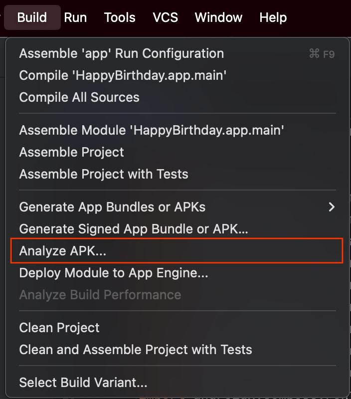 Android Studio Build menu with Analyze APK highlighted in Google’s official documentation.