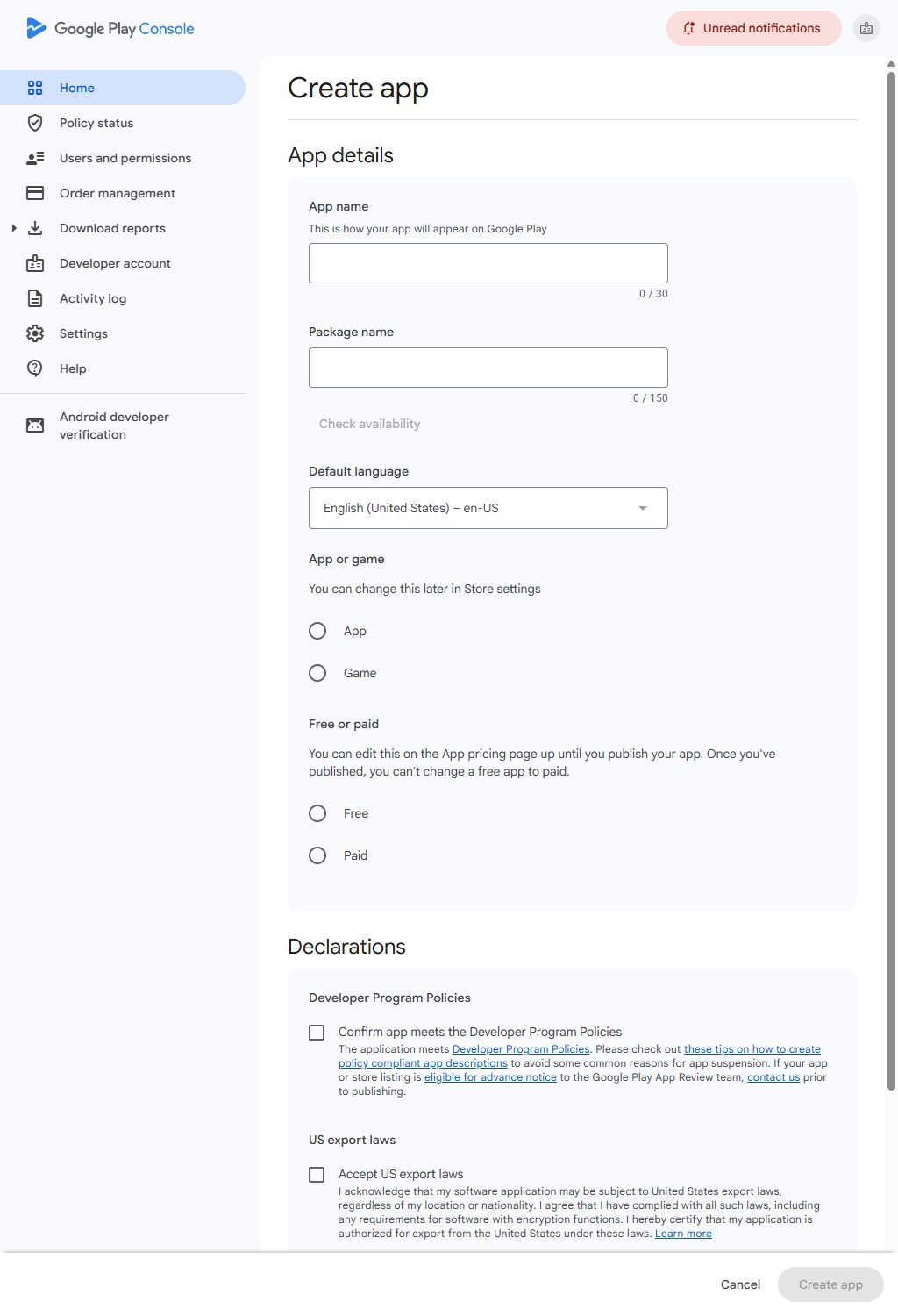 Blank Google Play Console Create app form showing app name, package name and Check availability, language, App or Game, and Free or Paid.